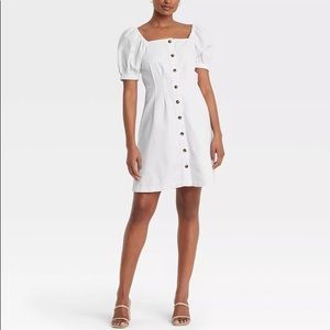 NWT Who What Wear puff sleeve square neck white Jean mini dress